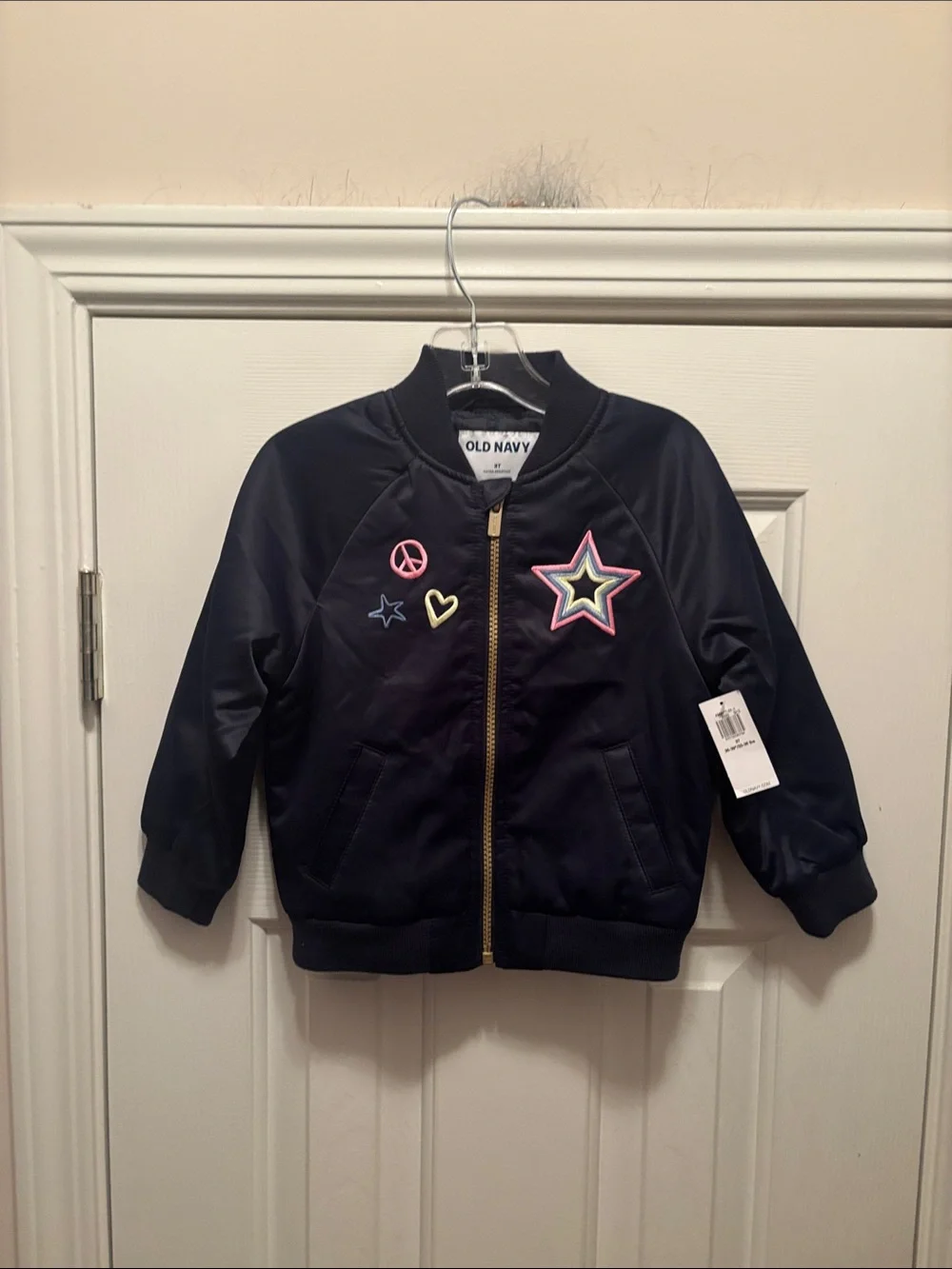 NWT Old Navy Navy Bomber Jacket with Colorful Patch Accents